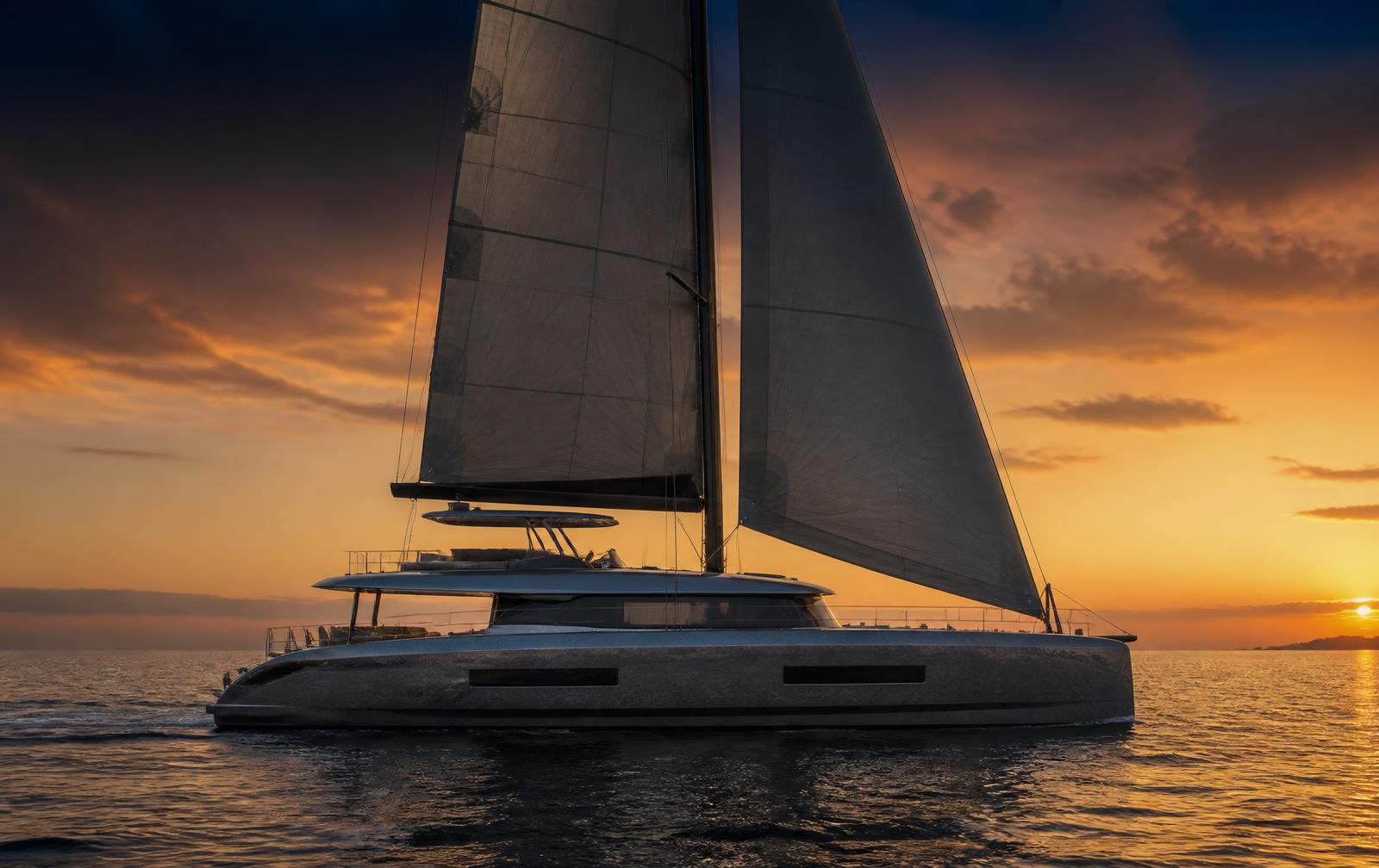 A 12 million euro sailing catamaran at golden hour, seen from the starboard side